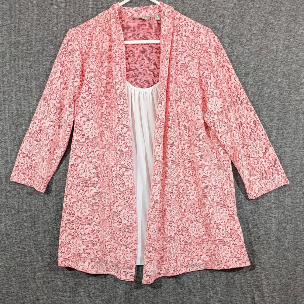 Coral Bay Salmon White Lace Daisy Floral Open Front Cardigan‎ w/ Tank Size 1X